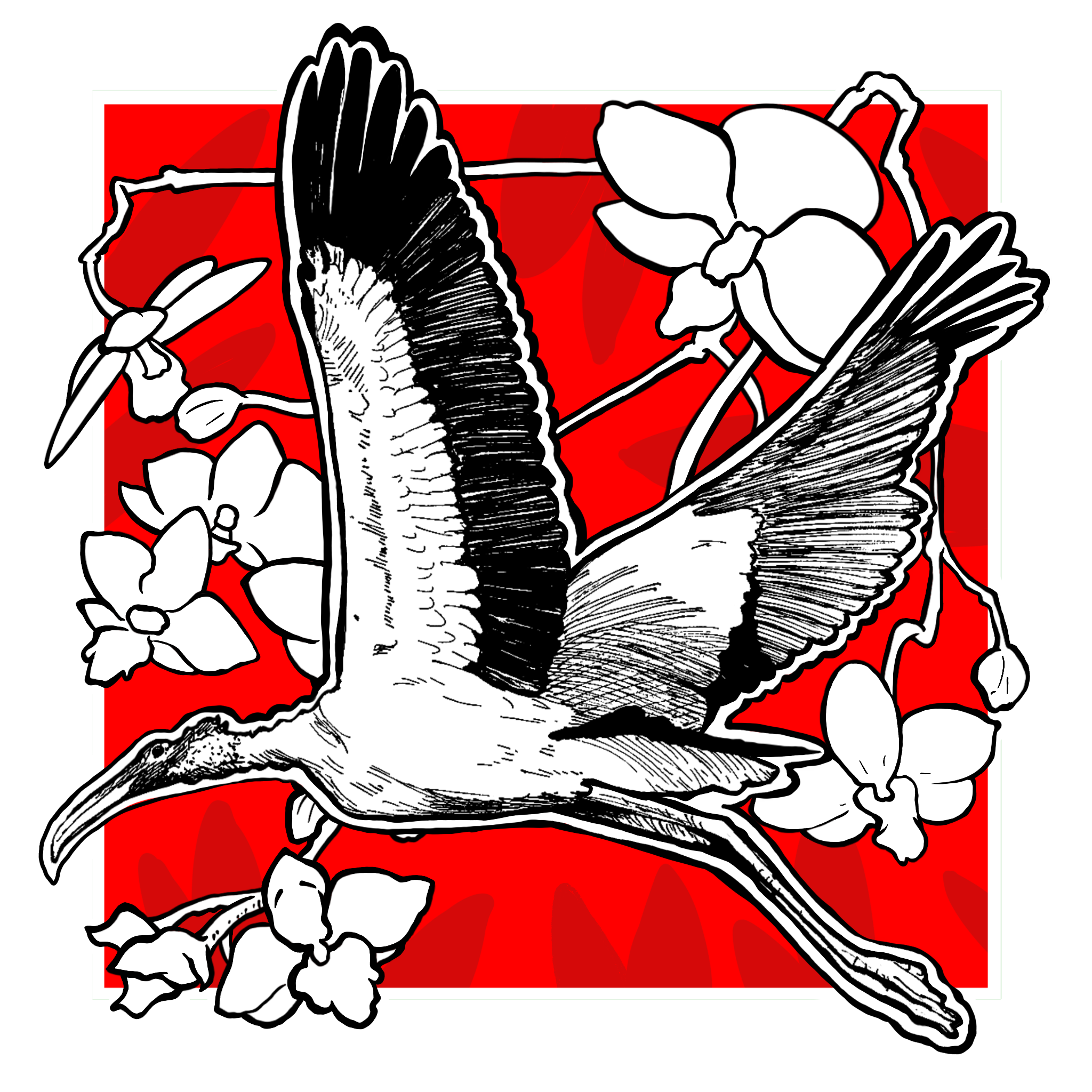 Wood Stork & Orchids Holographic Sticker — 3"x3" Waterproof Vinyl Art Decal