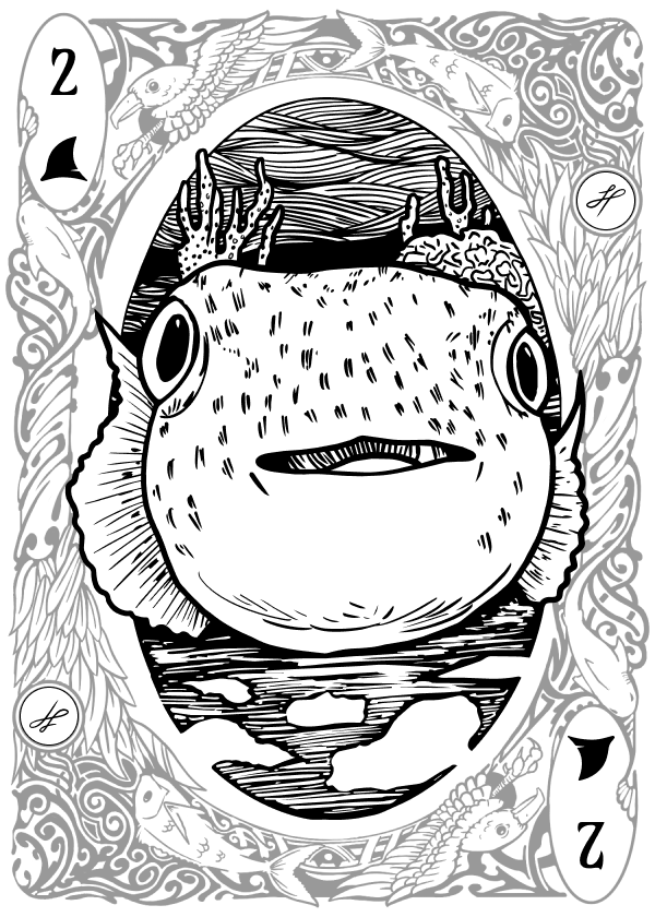 2 of Spades playing card illustrated with a Spotted Porcupinefish