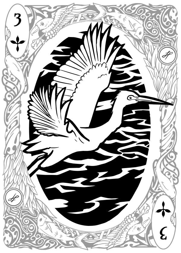 3 of Clubs playing card illustrated with a Snowy Egret