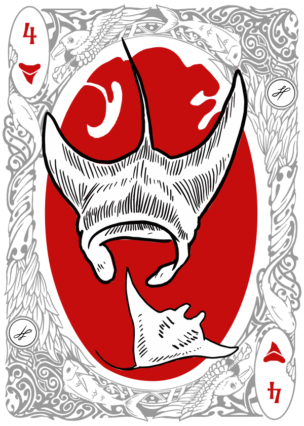 4 of Hearts playing card illustrated with a Giant Manta Ray