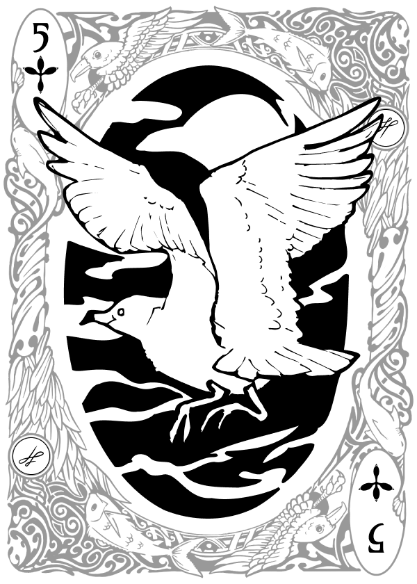 5 of Clubs playing card illustrated with a Ring-billed Gull