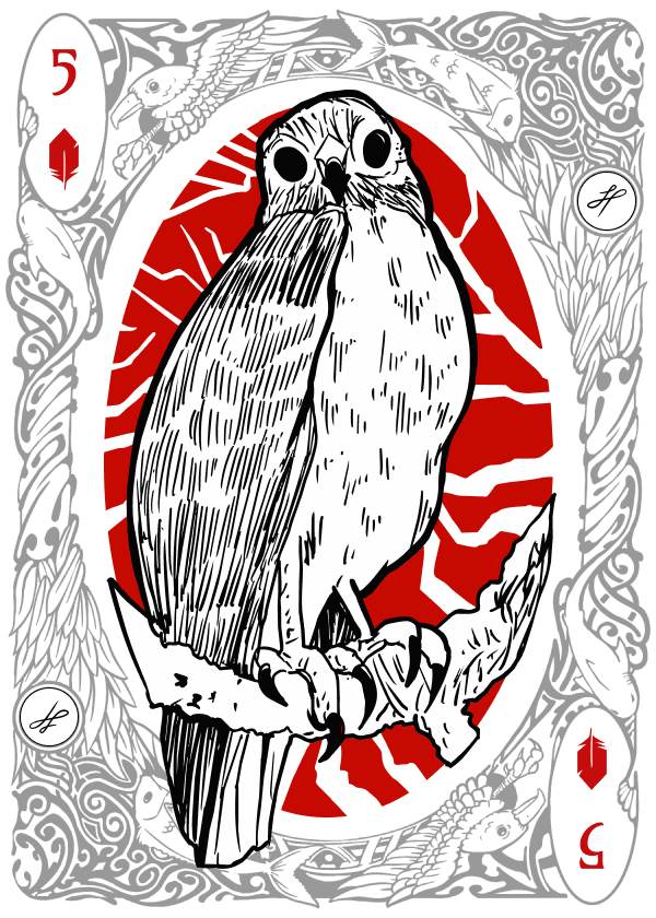 5 of Diamonds playing card illustrated with a Broad-winged Hawk